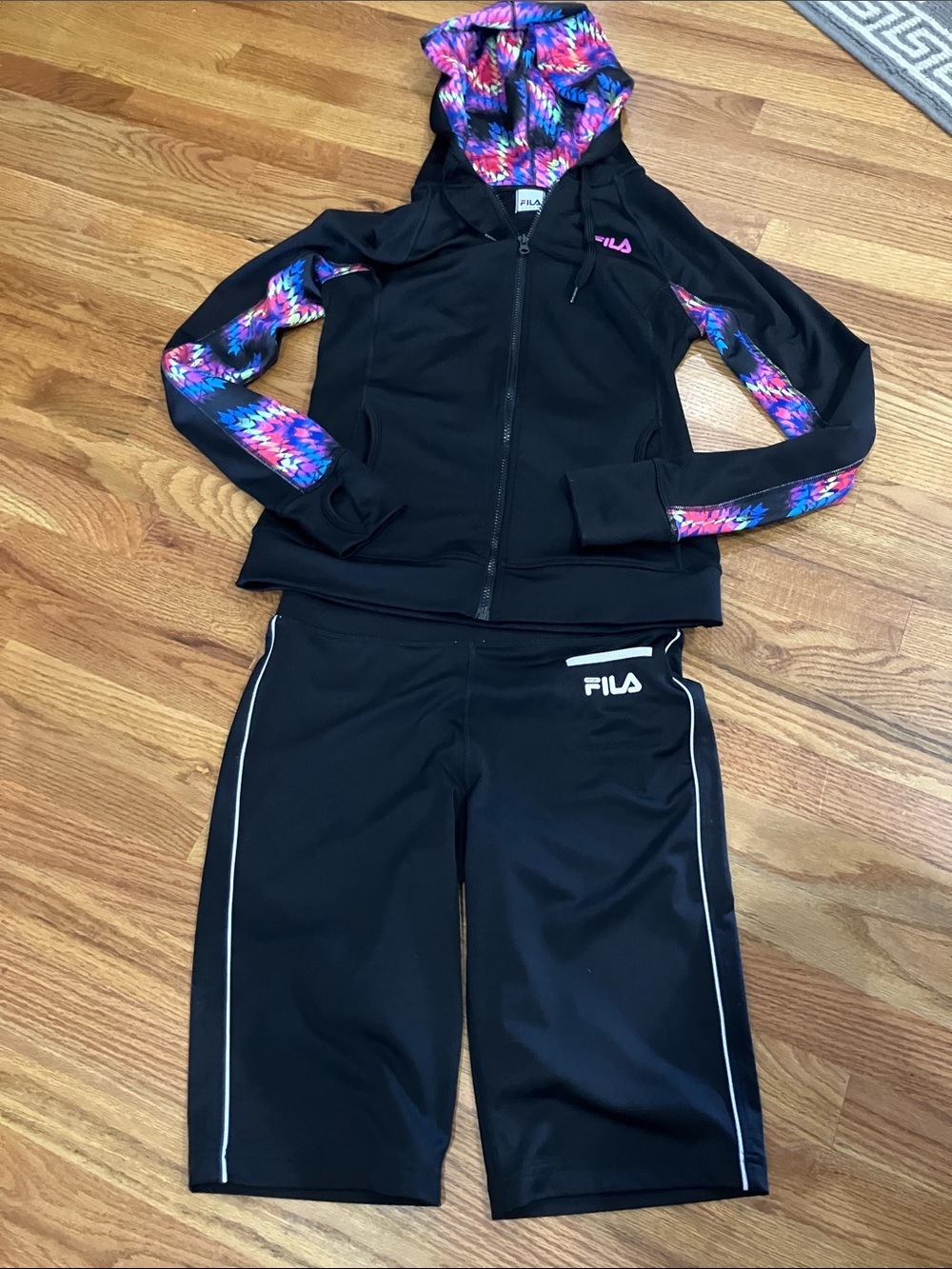 Fila Women’s Full Zip Hoodie with Multicolor AccentsSz S Long Shorts Sz S EUC